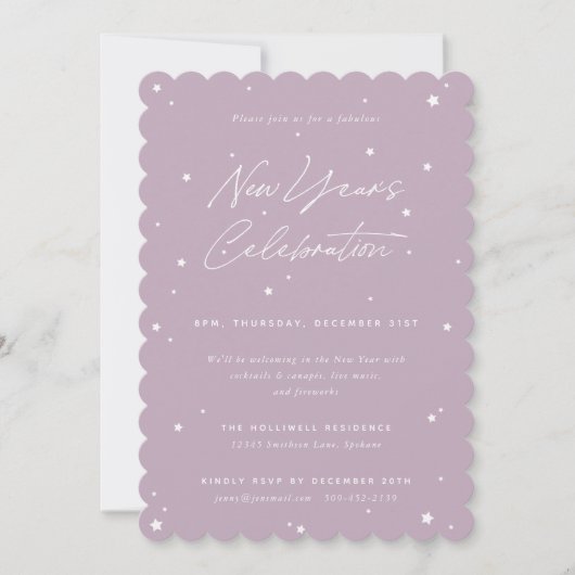 Mauve+White Script Scattered Stars New Year Party Einladung (Vorderseite)