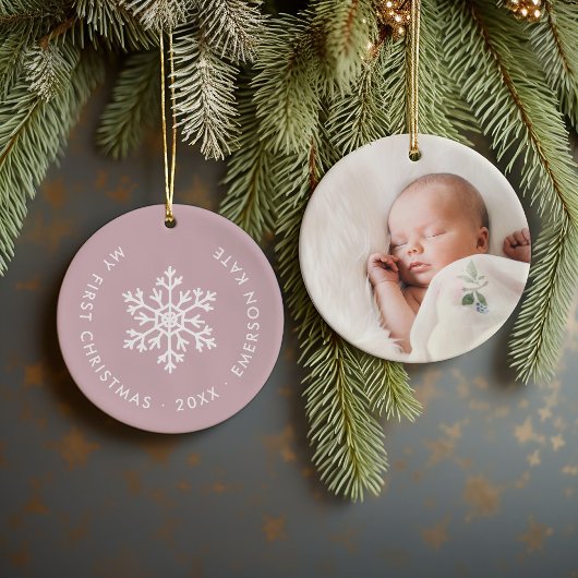 Mauve Winter Snowflake Erstes Weihnachtsfest Foto Keramik Ornament