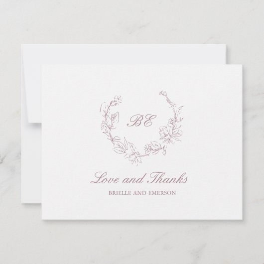 Mauve Wreath Monogram Foto Elegant Wedding Dankeskarte (Vorderseite)