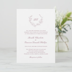 Mauve Wreath Monogram QR Code Elegant Wedding Einladung