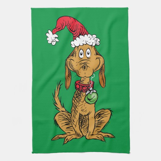 Max der Hund mit Weihnachtsmannmütze Geschirrtuch (Vertikal)