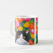 Maximales Cat Happy Niedlich Tuxedo Cat Art Floral Kaffeetasse (Vorderseite Links)