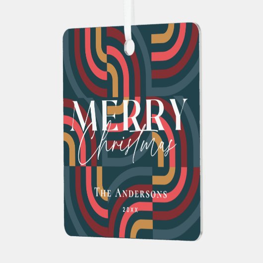 Maximalist Geometric Aquamarin Christmas Foto Ornament Aus Metall (Vorderseite links)