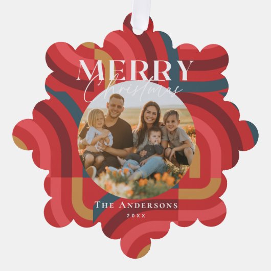 Maximalist Geometric Red Christmas Foto Ornament Karte (Vorderseite)