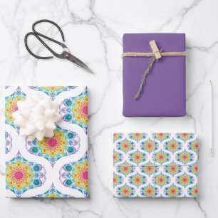 Maximalist Rainbow Floral Fountain 70er Ogee Geschenkpapier Set