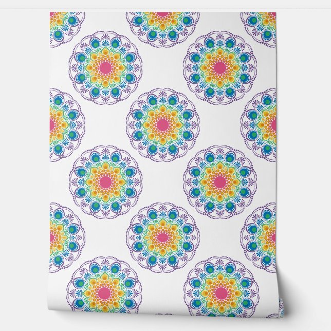 Maximalist Rainbow Floral Fountain Polka Dot Tapete (Abrollen)