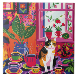 Maximalistische Dreifarbenkatze und Teestube Fliese