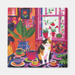 Maximalistische Dreifarbenkatze und Teestube Magnet