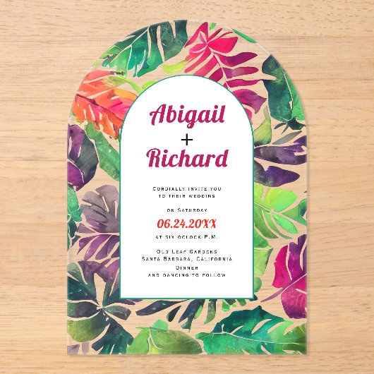 Maximalistische farbenfrohe Tropenfeierlichkeiten Acryleinladungen (Vorderseite)