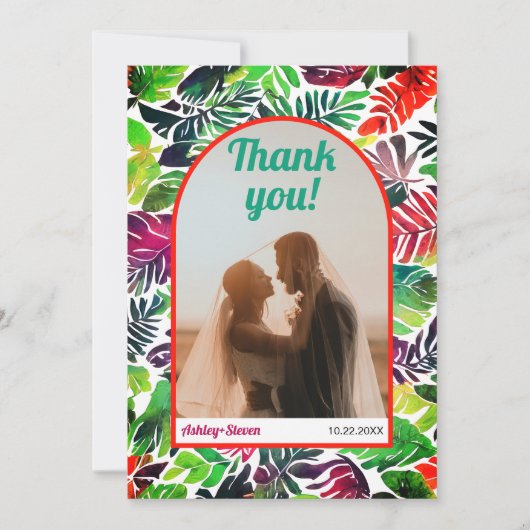 Maximalistische farbenfrohe Tropenfeierlichkeiten Dankeskarte (Vorderseite)