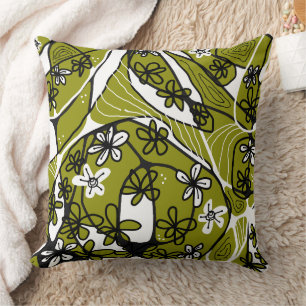 Maximalistische florale Neuro-Kunst - Olive White Kissen