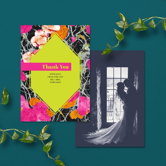 Maximalistische Marbled Floral Modern Wedding Dankeskarte