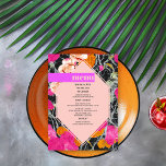 Maximalistische Marbled Moderne Blumenhochzeit Menükarte<br><div class="desc">Hellrosa 6-seitige geometrische Form über rosa Orange und pfirsichfarbene moderne Blumen mit dunklem Marmor. Rosa "Menütext" über lila Bar mit schwarzem Text darunter.</div>