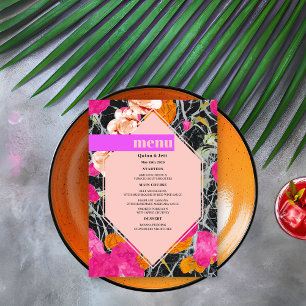 Maximalistische Marbled Moderne Blumenhochzeit Menükarte