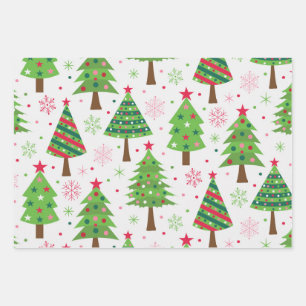 Maximalistische Weihnachtsbäume mit Schneeflocken Geschenkpapier Set