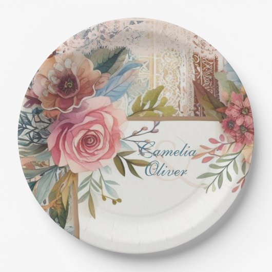 Maximalistisches Hochzeitstil mit Vintager Blumend Pappteller (Vorderseite)