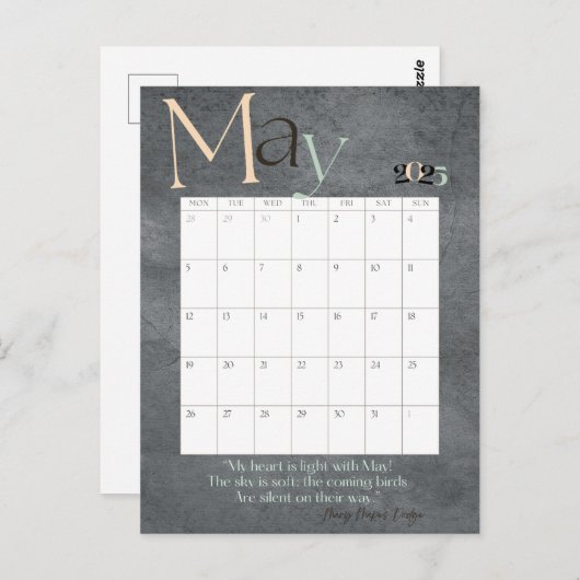 May Gray Modern Monthly Calendar 2025 Postkarte (Vorne/Hinten)