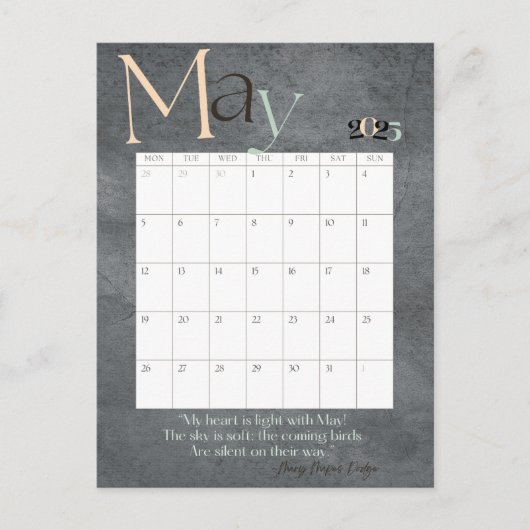 May Gray Modern Monthly Calendar 2025 Postkarte (Vorderseite)
