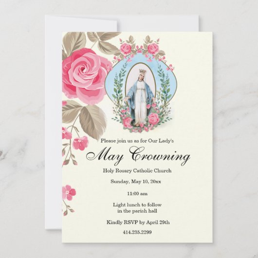 May Kroning Jungfrau Mary Scripture Pink Rose Einladung (Vorderseite)