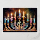 May Your Nights Be Bright Menorah Colorful Candle Folien Feiertagskarte<br><div class="desc">May Your Nights Be Bright Menorah Colorful Candles Watercolor Painting of Menorah with Colorful Candles</div>