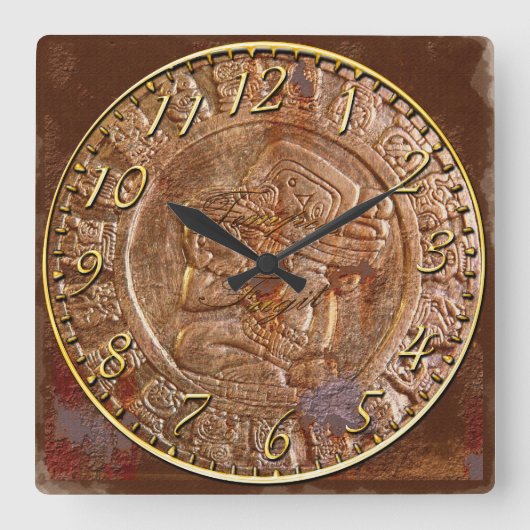Maya Carved Metal Aztec Mexican Art History Clock Quadratische Wanduhr (Vorderseite)