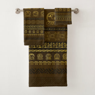 Maya-Kalenderglyphs-Muster Gold auf Brown Badhandtuch Set