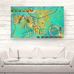 Mayan Turquoise & Golden Misty Sky Künstlicher Leinwanddruck<br><div class="desc">Dieses luftige und leuchtende Design feiert die Kultur der Yucatan Halbinsel. Es zeigt eine Maya-Krieger-Skulptur, die den Horizont betrachtet. Das exquisite türkisfarbene und goldene Baseboard erinnert an die indigene mexikanische Karibik. Ethnische mexikanische Kunst in ihrer besten Form. Das gesamte Design ist mit einem schlichten Schleier mit zarten goldenen und blauen...</div>