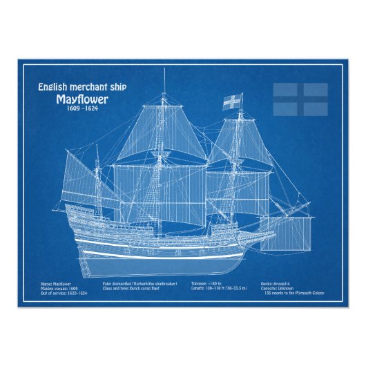 Mayflower - Schiffs-Blueprint-Pläne ABD Fotodruck (Vorne)