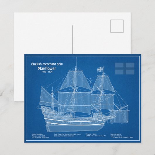 Mayflower - Schiffs-Blueprint-Pläne ABD Postkarte (Vorne/Hinten)
