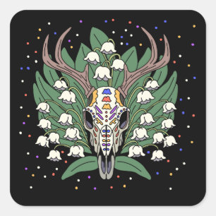 Mays Lily of the Valley & Deer Skull Quadratischer Aufkleber