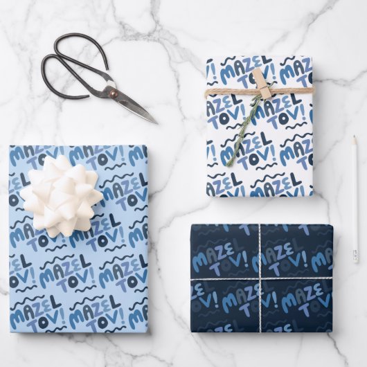 MAZEL TOV Bar Bat Mitzvah Handletter Jewish Blue Geschenkpapier Set (Vorderseite)