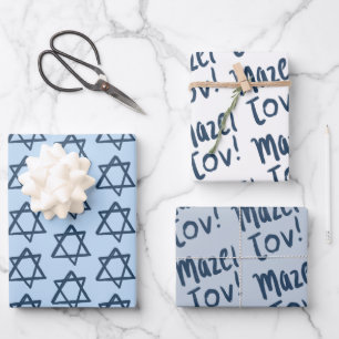 MAZEL TOV Bar Bat Mitzvah Handletter Jewish Blue Geschenkpapier Set