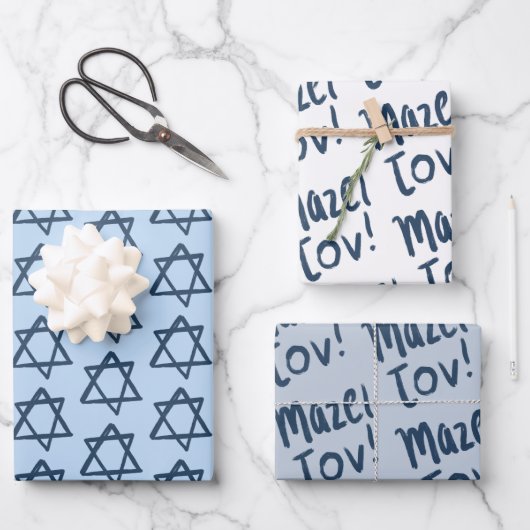 MAZEL TOV Bar Bat Mitzvah Handletter Jewish Blue Geschenkpapier Set (Vorderseite)