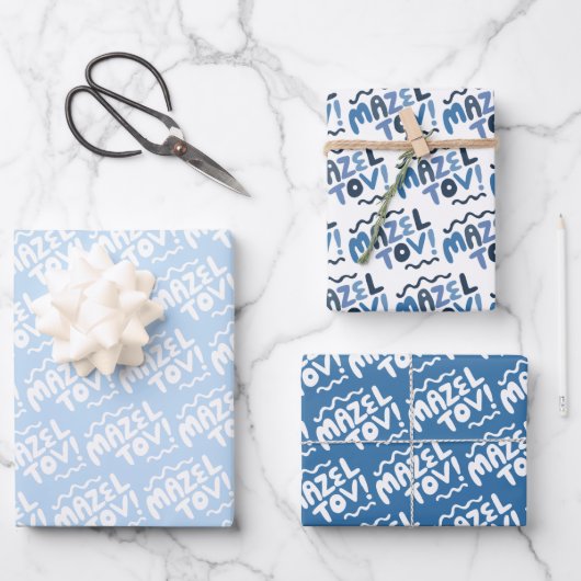 MAZEL TOV Bar Bat Mitzvah Handletter Jewish Blue Geschenkpapier Set (Vorderseite)