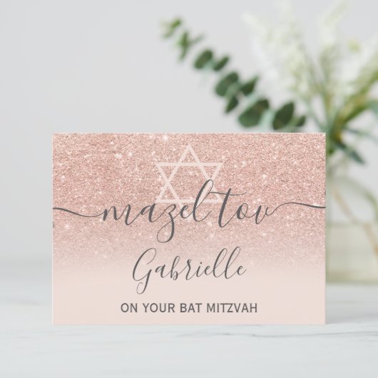 Mazel Tov Rose Gold Glitzer Rosa Bat Mitzvah Dankeskarte (Stehend Vorderseite)