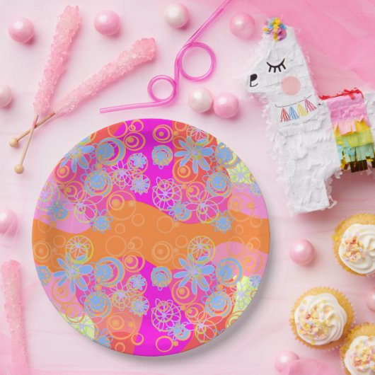 Mazipoodles Blumenblasen Multi Pink Orange Blu2 Pappteller (Party)