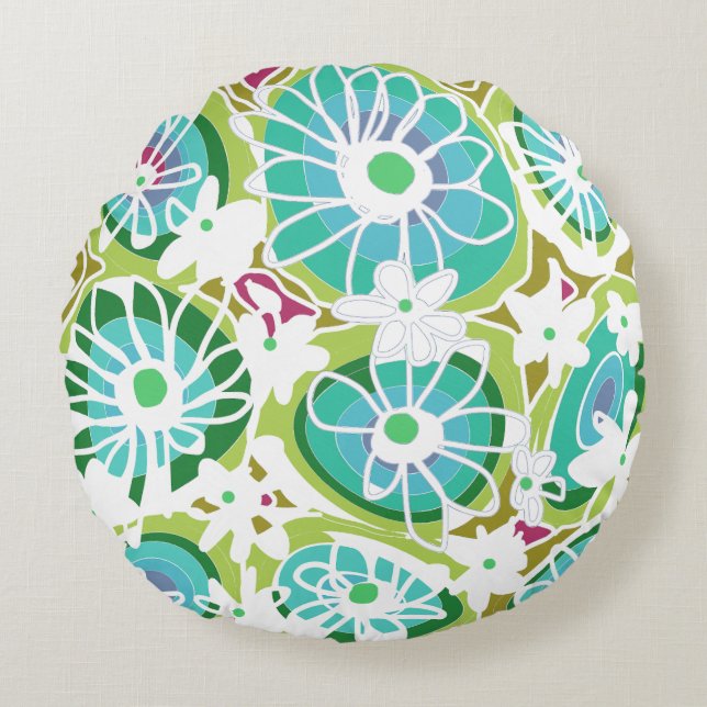 Mazipoodles Liebe Blume - Grün, Aquamarin, Lila Rundes Kissen (Vorderseite)