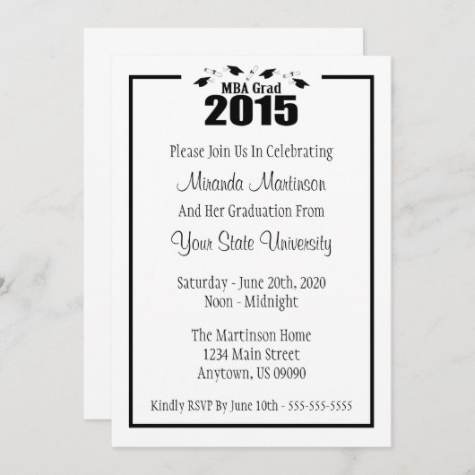Mba-Absolvent-Abschluss 2015 laden ein (schwarze Einladung (Vorne/Hinten)