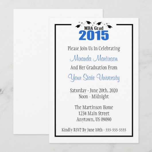 MBA Grad 2015 Abschluss Einladung (Blue Caps) (Vorne/Hinten)