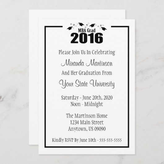 MBA Grad 2016 Abschluss Einladung (Black Caps) (Vorne/Hinten)