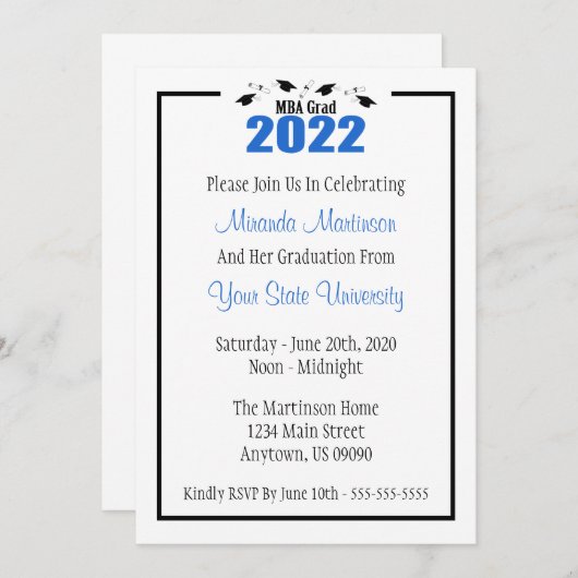 MBA Grad 2022 Abschluss Invite (Blue Caps) Einladung (Vorne/Hinten)