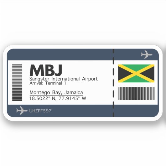 MBJ Jamaica Boarding Pass - Airport Ticket Aufkleber (Vorderseite)