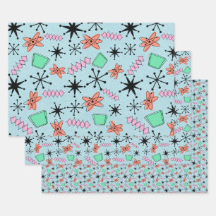 MCM Atomisch rosa grünes Orange auf blauer Mischun Geschenkpapier Set
