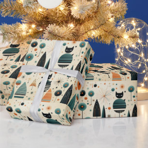 MCM Funky Schwarze Katzen Bäume Blumen Sterne Geschenkpapier