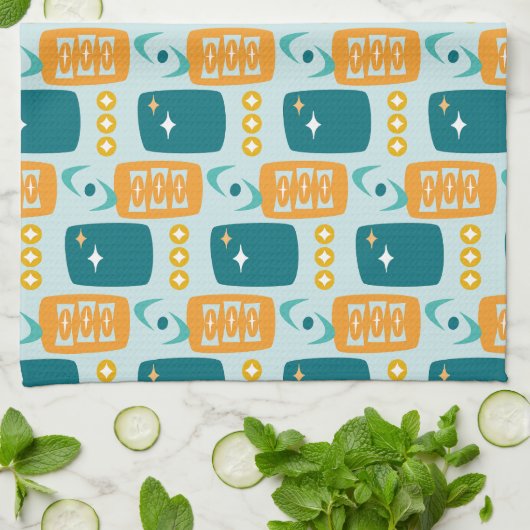 MCM-Muster des Atomalters in Aqua, Orange, Aquamar Geschirrtuch (Gefaltet)