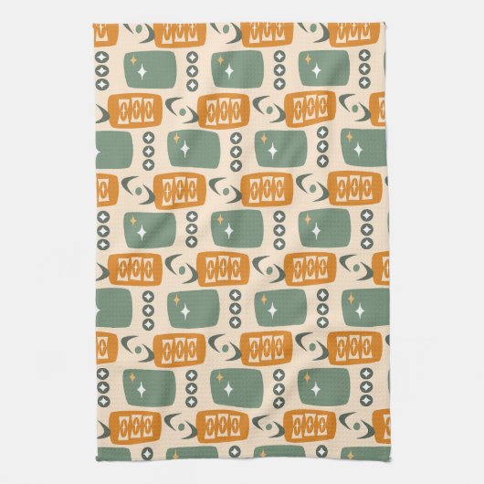 MCM Muster des Atomalters in grün, orange, creme Geschirrtuch (Vertikal)