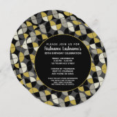 MCM Muster - funky black and gold Birthday Party Einladung (Vorne/Hinten)