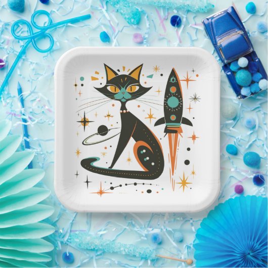 MCM Schwarze Katze Retro Raumschiff Sterne Planete Pappteller (Party)