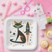 MCM Schwarze Katze Retro Raumschiff Sterne Planete Pappteller (Party)
