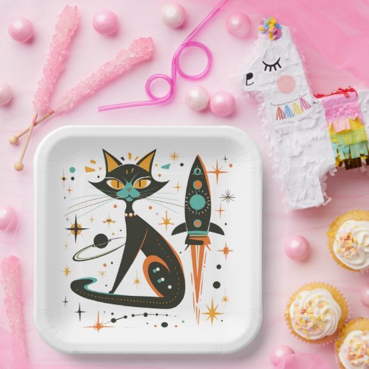 MCM Schwarze Katze Retro Raumschiff Sterne Planete Pappteller (Party)